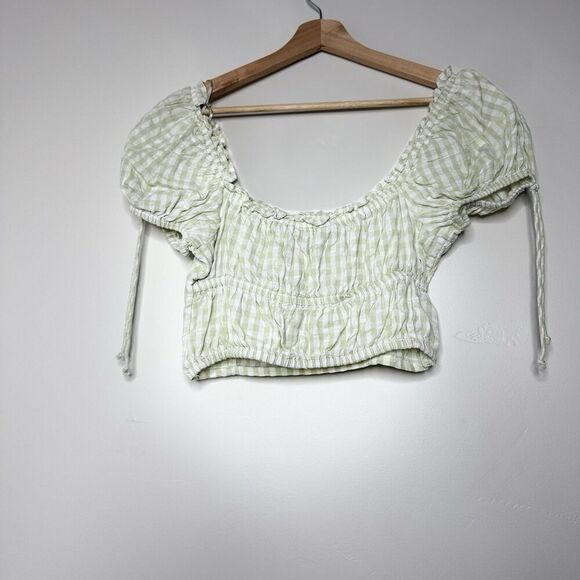 Women miss Selfridge crop top plaid boho romantic short front button green 4 - Picture 7 of 8